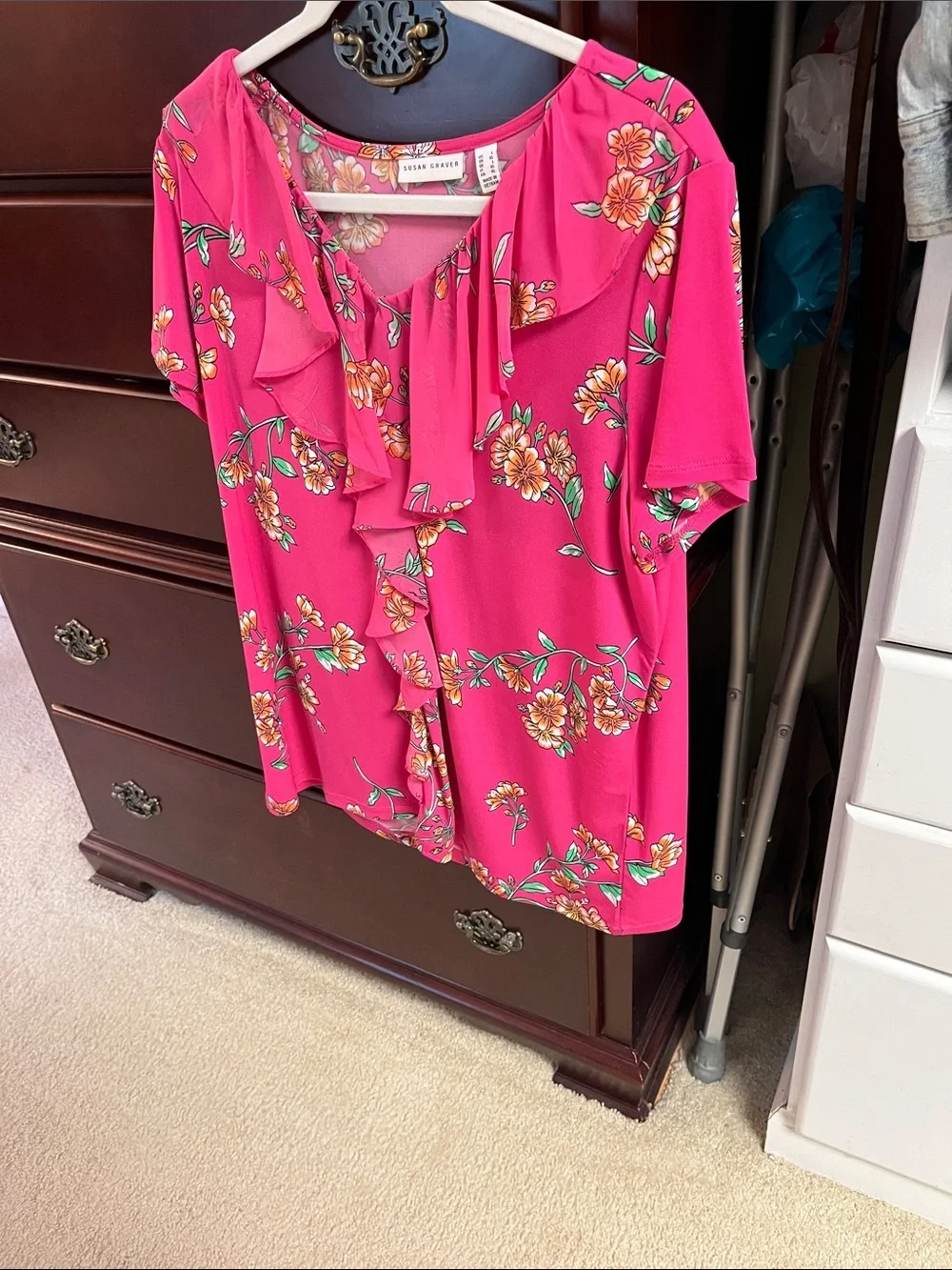 Susan Graver Hot Pink Floral Ruffle Front Short Sleeve Blouse - Picture 3 of 5